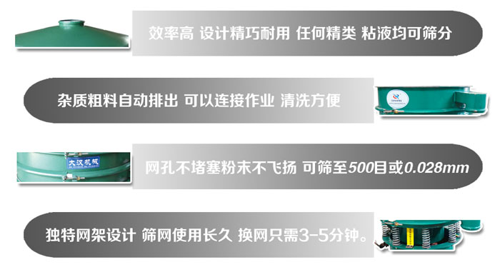 直徑1000mm振動(dòng)篩的特點(diǎn)：效率高，設(shè)計(jì)精巧耐用，任何精類，粘液均可篩分，雜質(zhì)粗料自動(dòng)排出，可以連接作業(yè)，清洗方便。網(wǎng)孔不堵塞粉末不飛揚(yáng)，可篩至500目或0。028mm篩網(wǎng)使用長(zhǎng)久，換網(wǎng)只需3-5分鐘。
