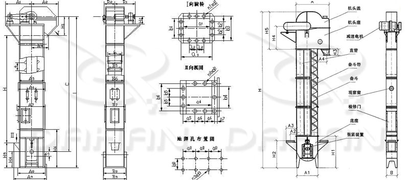 TD/D型斗式提升機基本結(jié)構(gòu):機頭蓋，機頭座，減速電機，直管，底座，緊張裝置等。