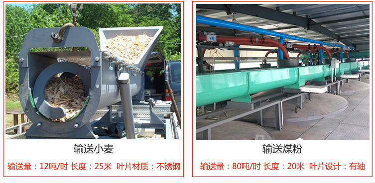 絞龍螺旋輸送機(jī)輸送小麥輸送量在12噸/時(shí)，長度為25米，葉片采用不銹鋼材質(zhì)；輸送水泥輸送量在80噸/時(shí)，長度為20米，葉片設(shè)計(jì)為有軸。