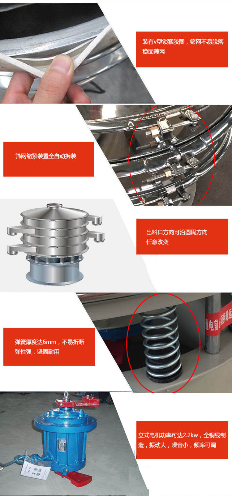 裝有V型鎖緊膠圈，使篩網(wǎng)不易脫落穩(wěn)固篩網(wǎng)，篩網(wǎng)鎖緊裝置，全自動(dòng)拆裝，出料口方向可沿圓周方向任意改變。彈簧厚度達(dá)6mm，不易折斷，彈性強(qiáng)，堅(jiān)固耐用。專業(yè)的振動(dòng)電機(jī)，全銅線制造，振動(dòng)大，機(jī)械噪音小，頻率可調(diào)。產(chǎn)品對(duì)比:材質(zhì)：大漢振動(dòng)篩廠家采用304不銹鋼材質(zhì)耐腐蝕性，耐熱性強(qiáng)。個(gè)別廠家采用其它金屬材質(zhì)，耐腐蝕性，耐熱性差蒸發(fā)緩慢，烘干效率較低。大漢振動(dòng)篩廠家采用金屬編織網(wǎng)，篩分精度高，效率高，篩網(wǎng)利用率高。