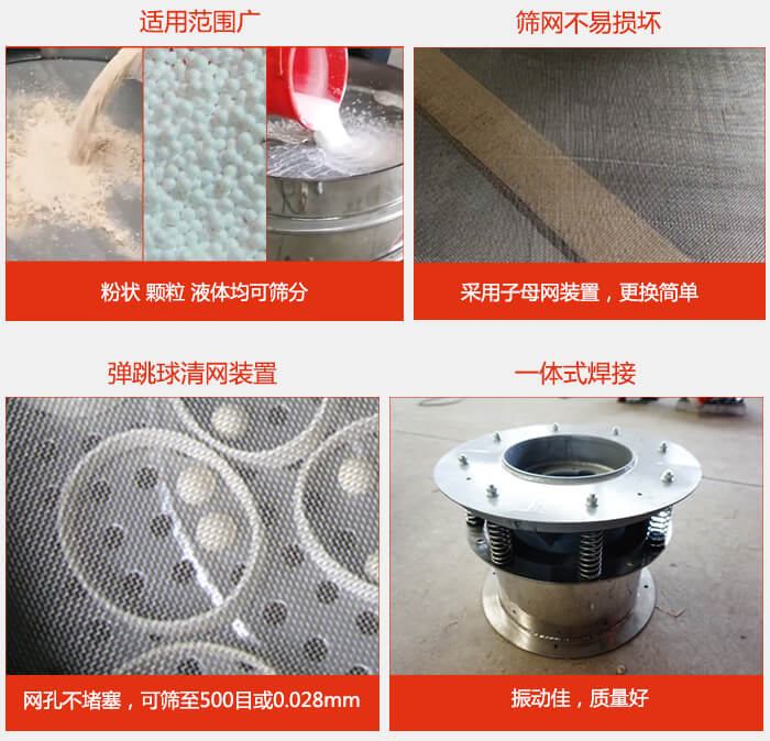 食品振動篩特點：1，效率高？：效率高，設(shè)計精巧耐用，任何粉類，粘液軍可篩分。2，操作簡單采用優(yōu)質(zhì)材料，換網(wǎng)容易，操作簡單，清洗方便。3，網(wǎng)孔不堵塞粉末不飛揚，可篩至500目或0.028mm4，精細做工產(chǎn)品經(jīng)過嚴格加工程序，做工精細美觀耐用。5，獨特網(wǎng)架設(shè)計篩網(wǎng)使用時間長久，換網(wǎng)只需3-5分鐘。