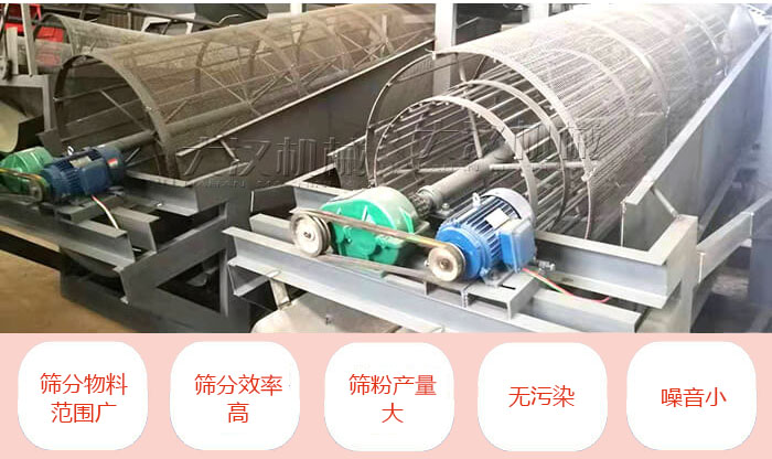 滾筒篩分機主要特點：篩分物料范圍廣，篩分效率高，篩分產(chǎn)量大，無污染，噪音小。