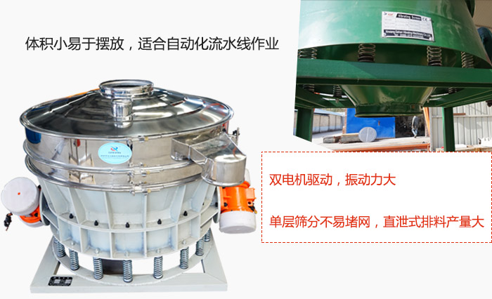 雙電機(jī)驅(qū)動(dòng)，振動(dòng)力大，單層篩分不易堵網(wǎng)，直泄式排料產(chǎn)量大
