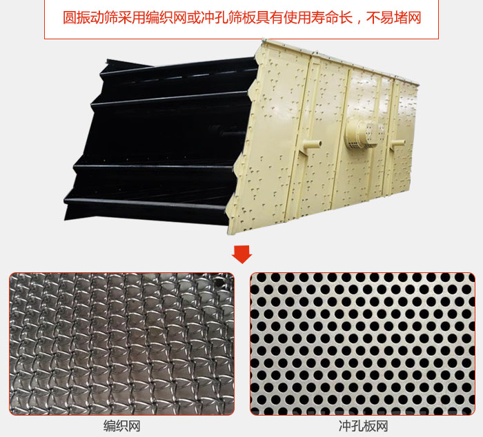 圓振動篩采用編織網(wǎng)或沖孔篩板具有使用壽命長，不易堵網(wǎng)。