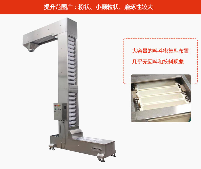 Z型斗式提升機的提升范圍廣：粉狀，小顆粒狀，磨琢性較大的物料都可輸送。