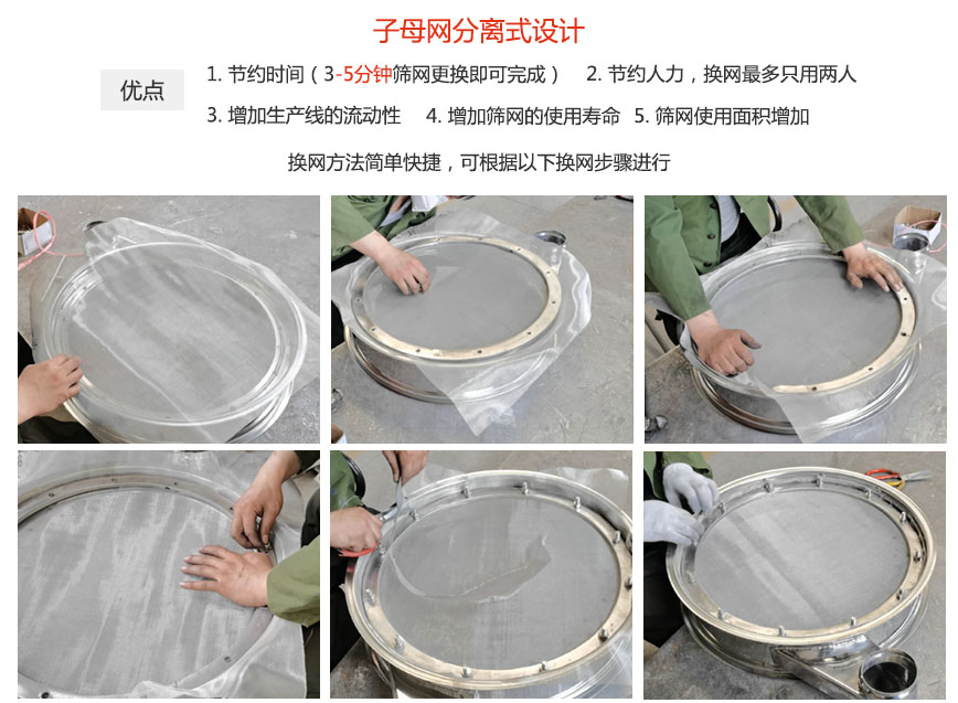 大漢振動(dòng)機(jī)械換網(wǎng)優(yōu)勢(shì)：1，節(jié)省時(shí)間（3-5分鐘篩網(wǎng)更換即可完成）2，節(jié)省人力，換網(wǎng)只有兩人。3.增加生產(chǎn)線的流暢性。4.增加篩網(wǎng)壽命，彈跳球不直接撞擊子網(wǎng)。5.篩網(wǎng)使用面積增加。