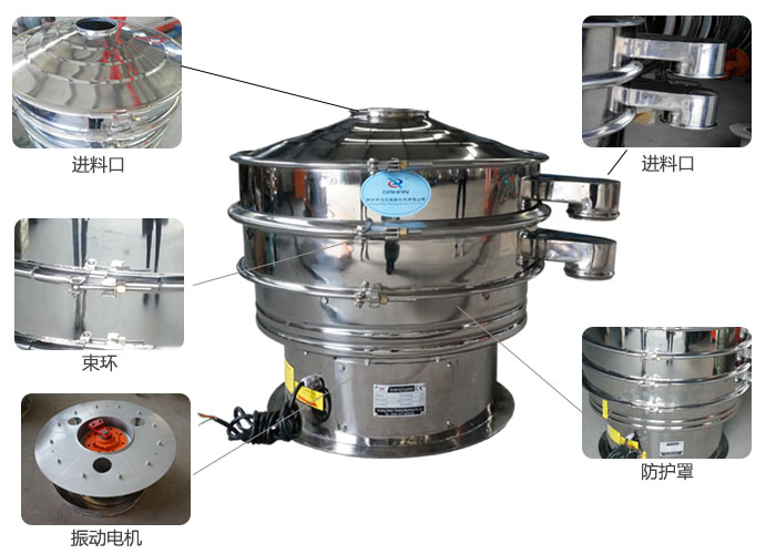 全不銹鋼振動篩細節(jié)：束環(huán)，進料口，出料口，振動電機，防護罩等。