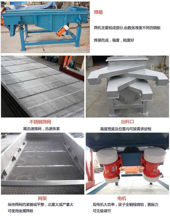 520型直線振動(dòng)篩結(jié)構(gòu)：篩箱：篩機(jī)主要組成部分，由數(shù)張厚度不同的鋼板焊制而成，強(qiáng)度，剛度好。不銹鋼篩網(wǎng)：能迅速換網(wǎng)，迅速張緊。電機(jī)：雙電機(jī)大功率，定子全銅線繞組，激振力可無極調(diào)節(jié)。網(wǎng)架：保持篩網(wǎng)的緊繃和平整，比重大或產(chǎn)量大時(shí)可使用金屬篩框。出料口：高度寬度及位置均可按照用戶的要求來定制。
