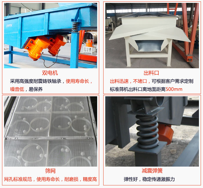 1030直線振動(dòng)篩雙電機(jī)采用高強(qiáng)度耐震鑄鐵軸承使用壽命長(zhǎng)、噪音低，易保養(yǎng)；出料口排料迅速，不堵口，可根據(jù)客戶需求定制，標(biāo)準(zhǔn)機(jī)器出料口離地面距離500mm;篩網(wǎng)網(wǎng)孔標(biāo)準(zhǔn)規(guī)范、使用壽命長(zhǎng)，耐磨損、精度高；減震彈簧：彈性好，穩(wěn)定傳遞激振力。