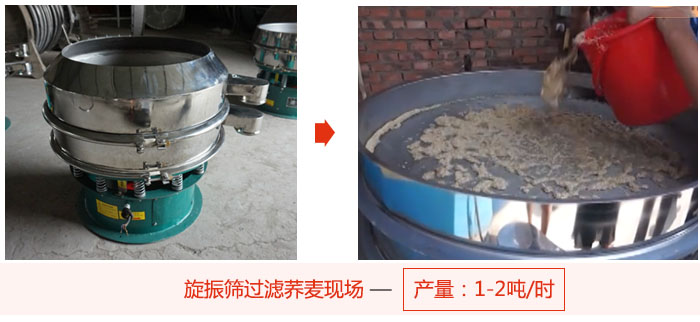 旋振篩過濾蕎麥現(xiàn)場(chǎng)，產(chǎn)量可達(dá)2噸每小時(shí)。