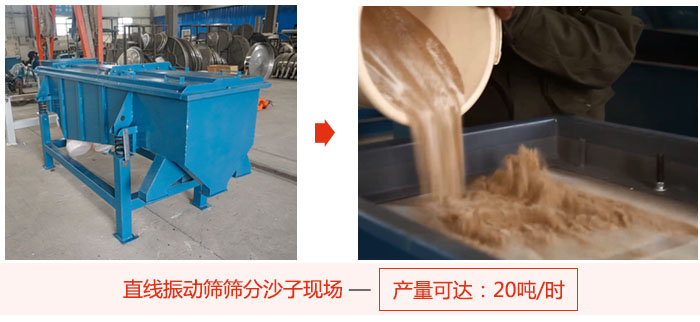 直線振動(dòng)篩篩分沙子現(xiàn)場(chǎng)展示，產(chǎn)量高達(dá)20噸每小時(shí)。