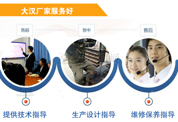 大漢廠家服務(wù)流程：售前-售中-售后：提供技術(shù)指導(dǎo)，生產(chǎn)設(shè)計指導(dǎo)，維修保養(yǎng)指導(dǎo)。