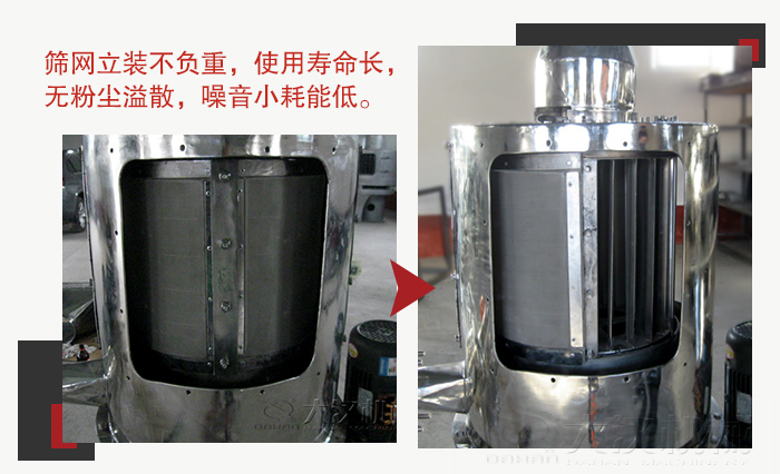 氣流篩采用立式篩網(wǎng)，不受物料的沖擊力的影響，篩網(wǎng)使用壽命長
