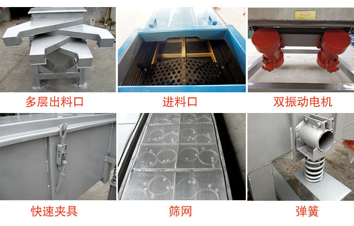 多層直線振動(dòng)篩出料口，篩網(wǎng)，彈簧，快速夾具，振動(dòng)電機(jī)等