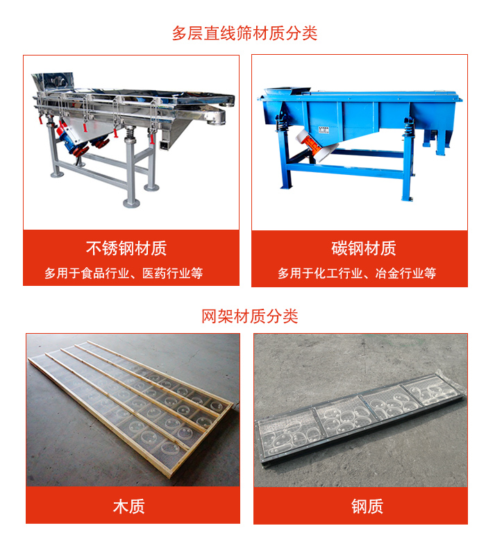 多層直線振動(dòng)篩材質(zhì)有：不銹鋼，碳鋼；網(wǎng)架材質(zhì)有木質(zhì)，鋼質(zhì)等。