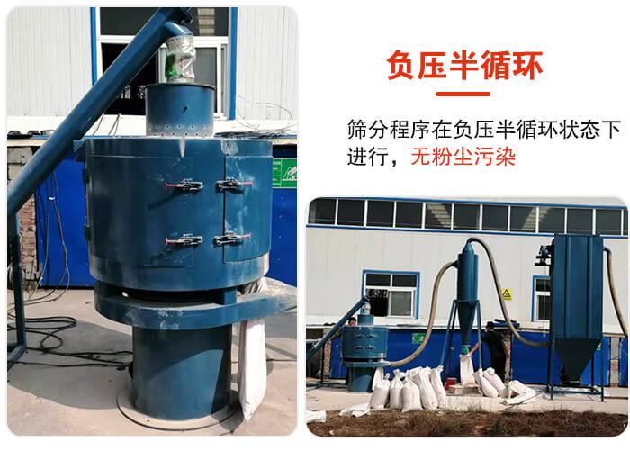 氣流篩負(fù)壓半循環(huán)，篩分程序在負(fù)壓版循環(huán)狀態(tài)下進(jìn)行，無粉塵污染。