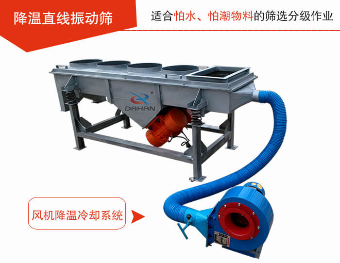 降溫直線振動篩加裝風(fēng)機(jī)或水箱降溫方式完成物料的降溫需求。