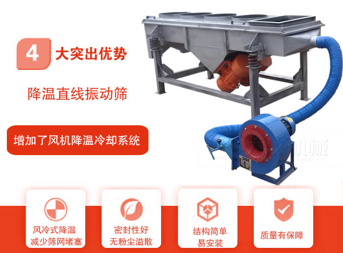 降溫直線振動篩性能特點(diǎn)：1，技術(shù)成熟，質(zhì)量可靠，篩分精度高，處理量大。2，風(fēng)冷式降溫系統(tǒng)設(shè)計(jì)，快速有效降溫。3，適用范圍廣，可應(yīng)用于各種需要降溫的物料。4，設(shè)計(jì)精巧合理，結(jié)構(gòu)簡單，易安裝，耗能少，噪音低5，篩網(wǎng)使用壽命長，換網(wǎng)更方便，快捷6，設(shè)備整體密封性好，無粉塵溢散。