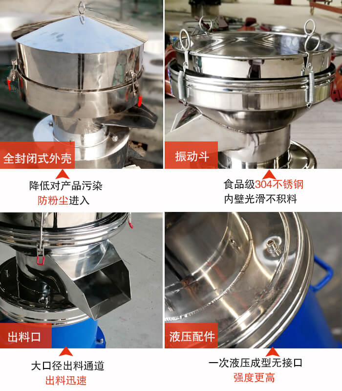 450過濾篩機結(jié)構(gòu)組成：全封閉式外殼設(shè)計：對產(chǎn)品的污染低，防塵粉進入電機內(nèi)部延長設(shè)備壽命。振動斗：食品304不銹鋼篩斗，內(nèi)壁光滑不存在積料現(xiàn)象。出料口，大口徑出料通道，出料迅速，提高工作效率。液壓配件：一次液壓成型無接口強度更高。
