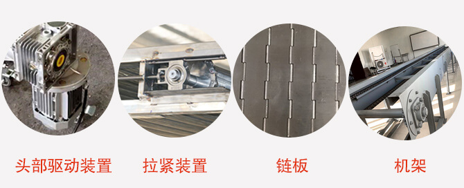 鏈板輸送機(jī)結(jié)構(gòu)：頭部驅(qū)動(dòng)裝置，拉緊裝置，鏈板，機(jī)架等圖片展示