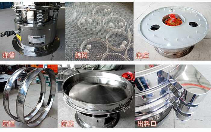 細節(jié)展示：篩框，篩網(wǎng)，振動底座，振動體，出料口。