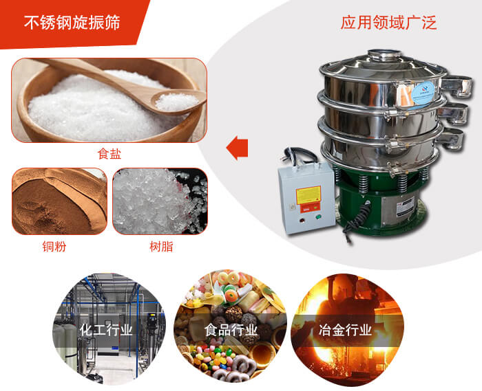不銹鋼旋振篩應用的行業(yè):高濃度漿液過濾篩分，奶粉，豆奶粉專用振動篩機