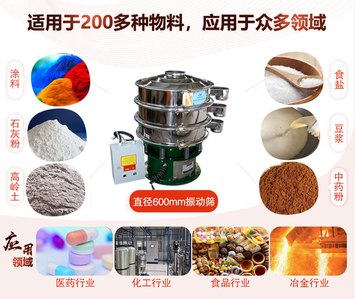 直徑600mm振動(dòng)篩使用的行業(yè):醫(yī)藥行業(yè)，公害處理，食品行業(yè)，化工行業(yè)。